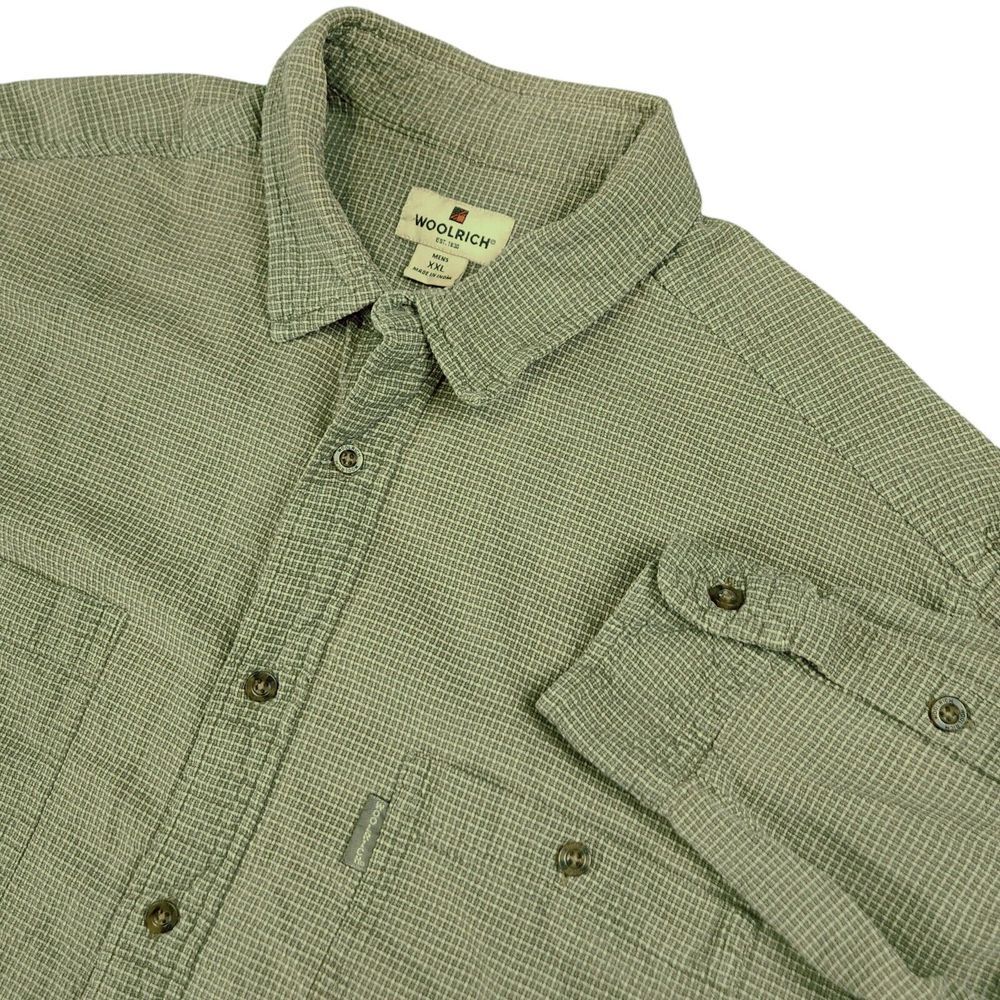 Woolrich Mens 2XL Shirt Green Woven‎ Outdoor Camping Hiking Long Sleeve Button